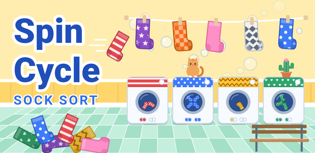 A laundromat with four washing machines, a clothesline and a pile of colorful socks